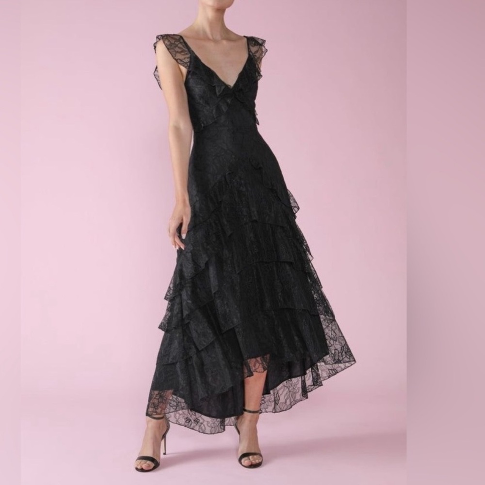 Sau Lee Black Henrietta Lace Ruffle High-Low Midi Dress Size 6 Black